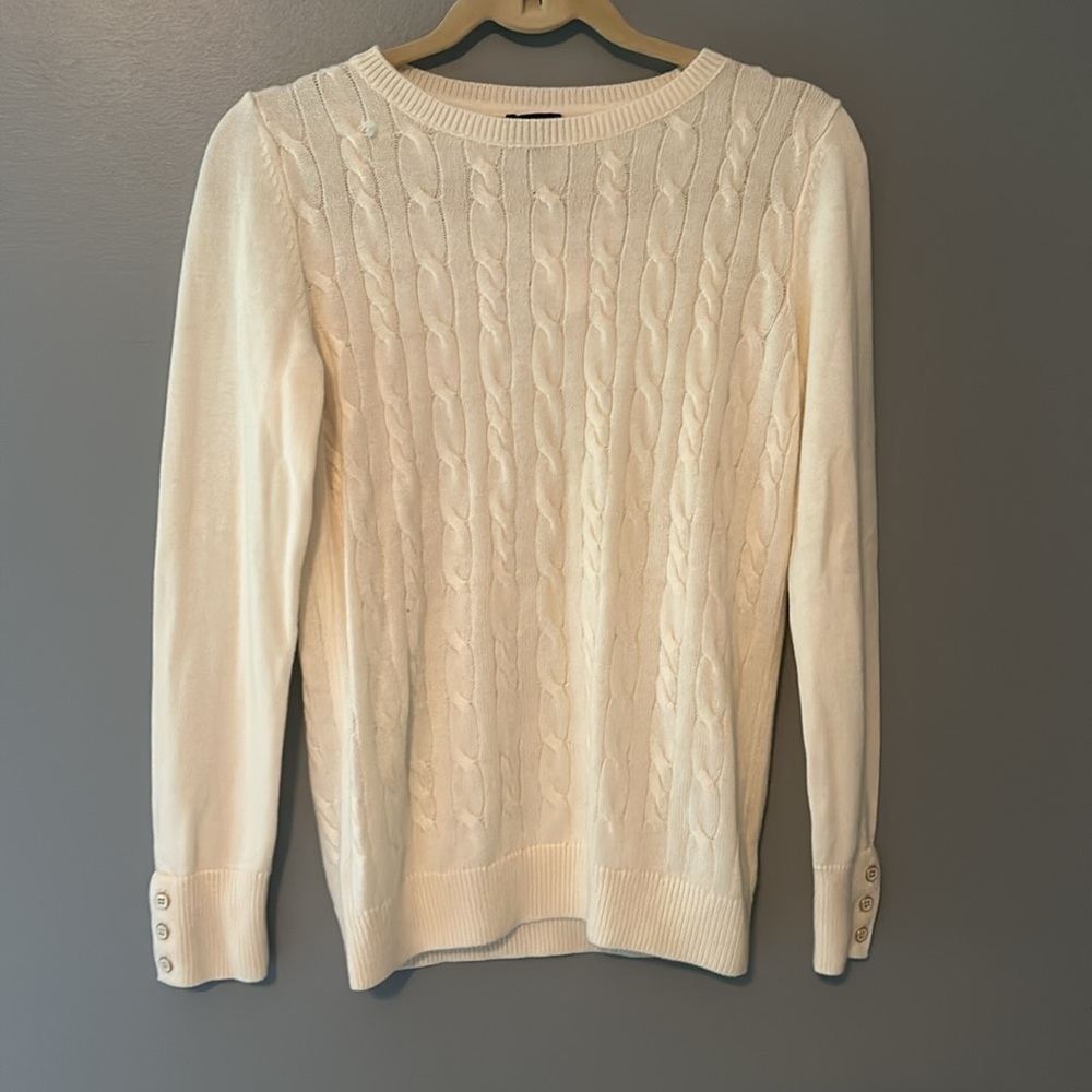 Talbots button cuff ivory cable knit sweater size small - Picture 2 of 5